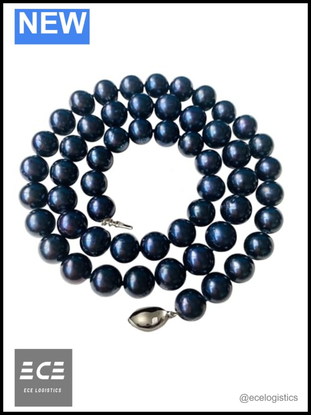 Round Black Pearl Necklace 18 Inch 9-9.5mm Cultured Freshwater Strand White